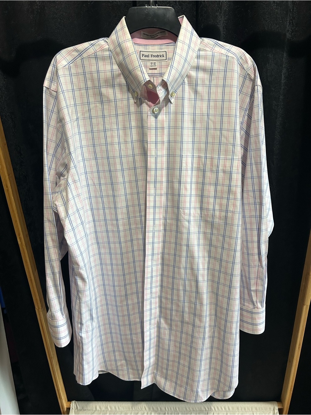 Paul Fredrick Men’s White Button-Down Shirt with Blue and Pink Windowpane